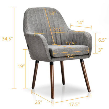 Set of 2 Linen Upholstered Armchairs with Natural Wood Legs and Padded Seat in Grey