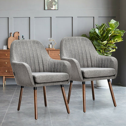 Set of 2 Linen Upholstered Armchairs with Natural Wood Legs and Padded Seat in Grey