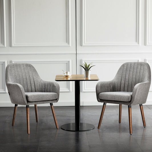 Set of 2 Linen Upholstered Armchairs with Natural Wood Legs and Padded Seat in Grey