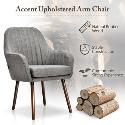 Set of 2 Linen Upholstered Armchairs with Natural Wood Legs and Padded Seat in Grey