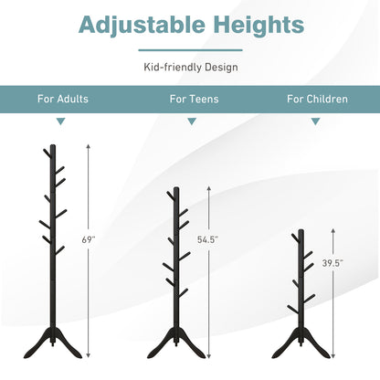 Adjustable Wooden Coat Rack Tree with 8 Hooks in Black
