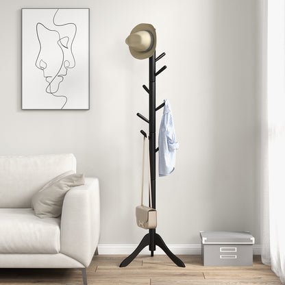Adjustable Wooden Coat Rack Tree with 8 Hooks in Black