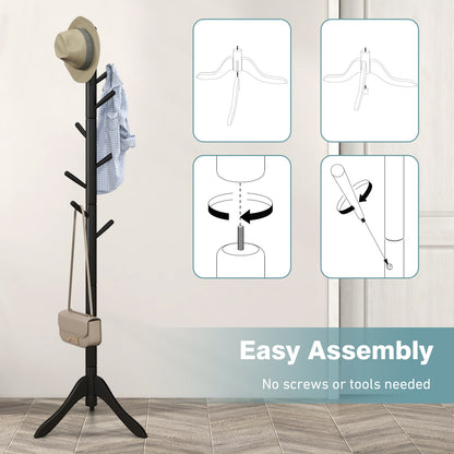 Adjustable Wooden Coat Rack Tree with 8 Hooks in Black