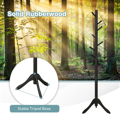 Adjustable Wooden Coat Rack Tree with 8 Hooks in Black