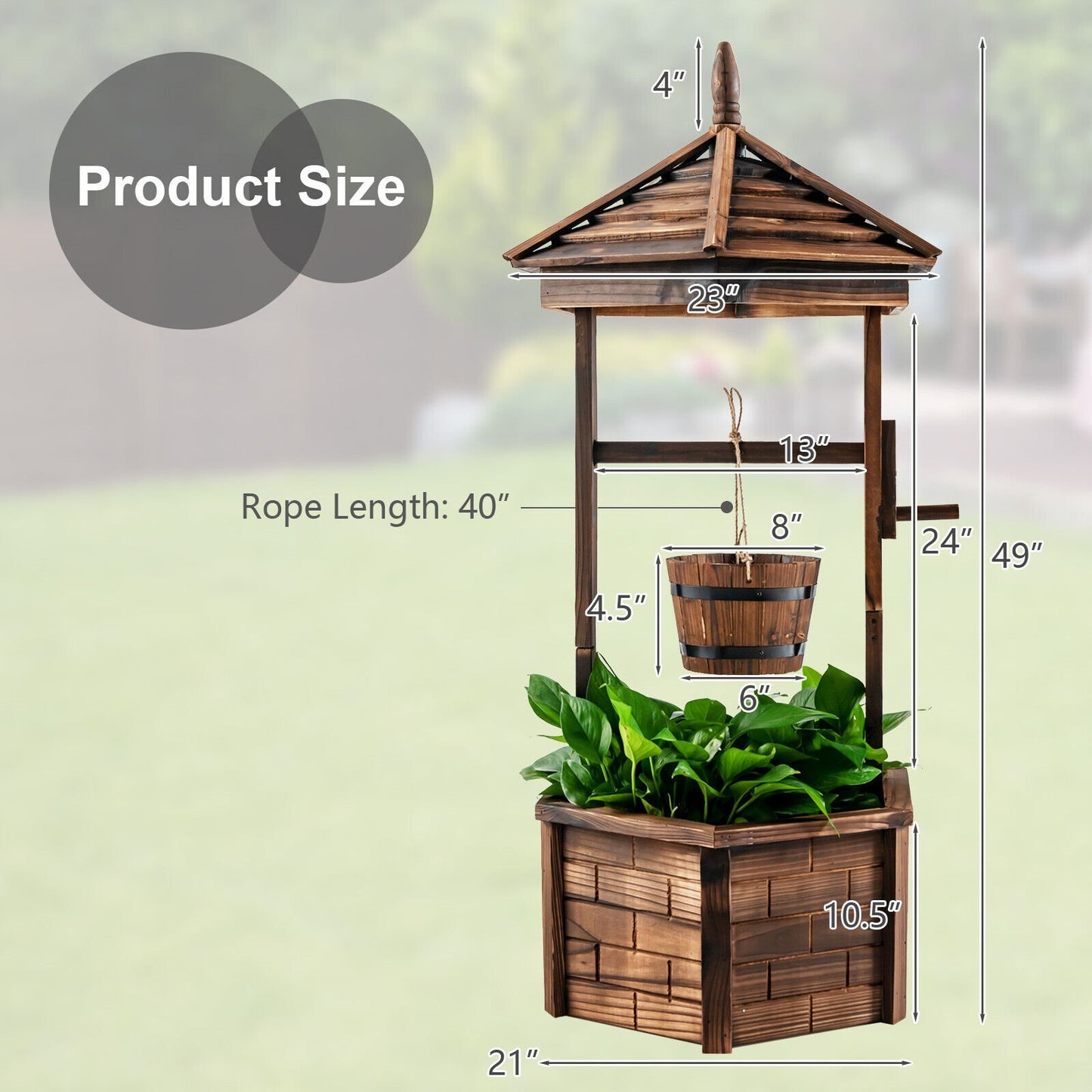 Rustic Wooden Wishing Well Planter with Adjustable Bucket & Protective Roof