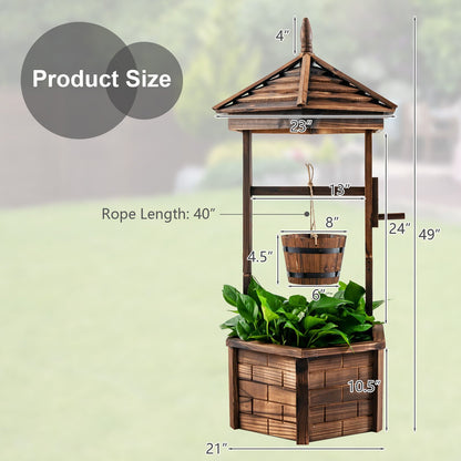 Rustic Wooden Wishing Well Planter with Adjustable Bucket & Protective Roof