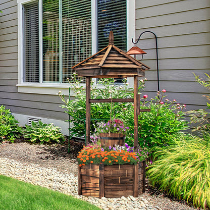Rustic Wooden Wishing Well Planter with Adjustable Bucket & Protective Roof