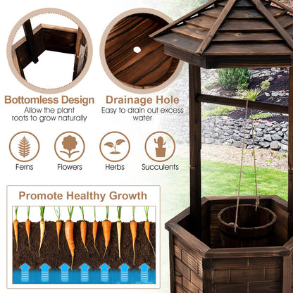 Rustic Wooden Wishing Well Planter with Adjustable Bucket & Protective Roof