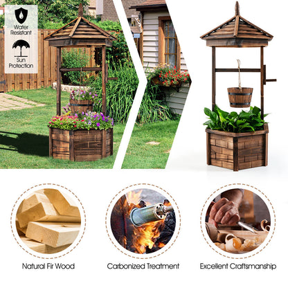 Rustic Wooden Wishing Well Planter with Adjustable Bucket & Protective Roof