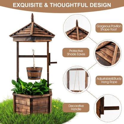 Rustic Wooden Wishing Well Planter with Adjustable Bucket & Protective Roof