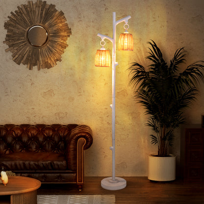 2 Light Tree Trunk Floor Lamp with Wicker Shades and Adjustable Brightness