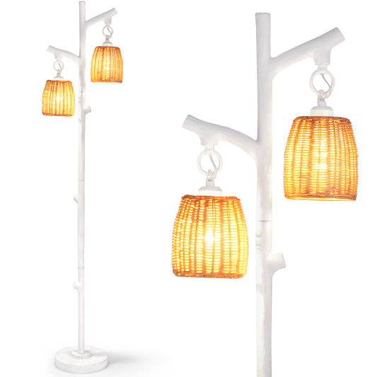2 Light Tree Trunk Floor Lamp with Wicker Shades and Adjustable Brightness