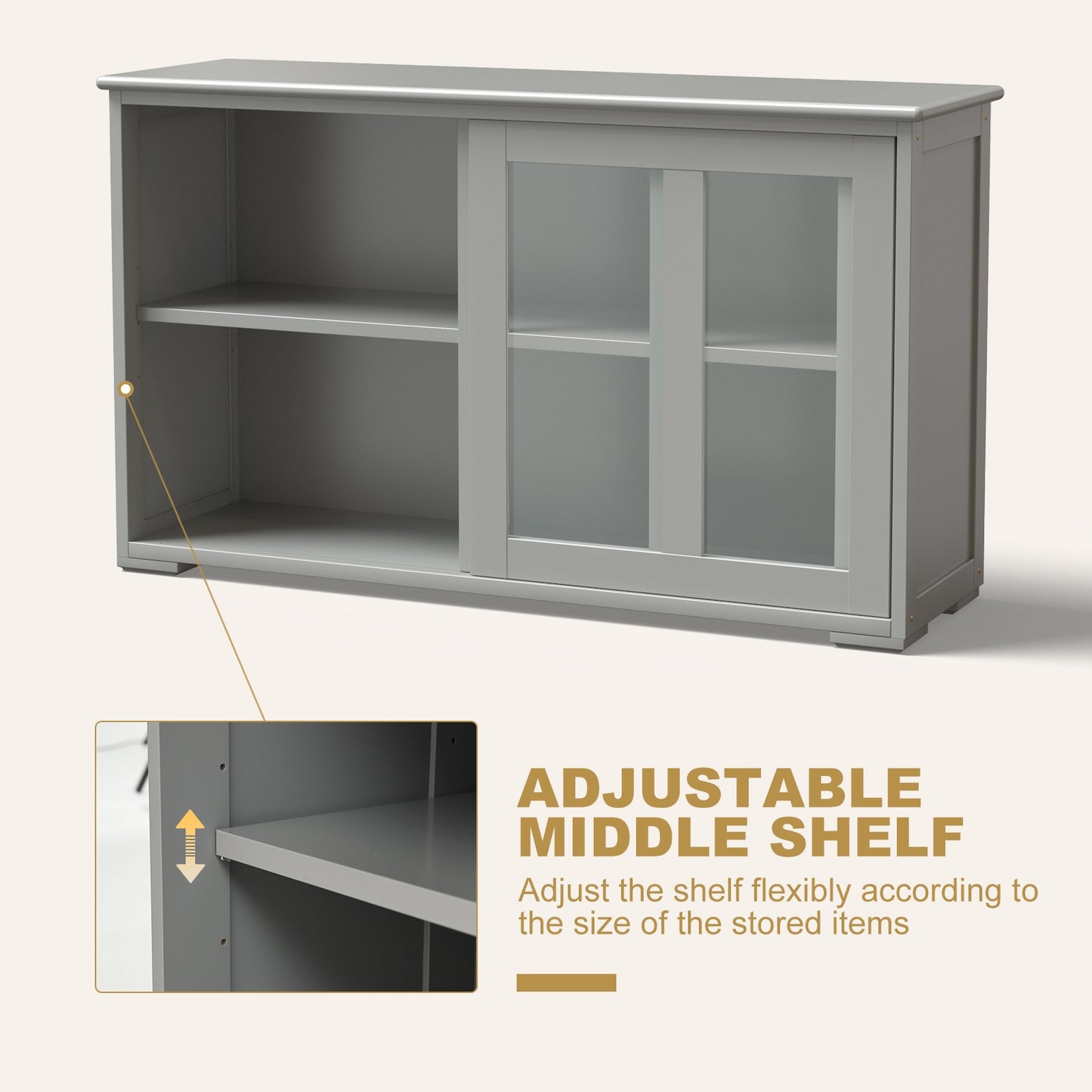 Modern Sliding Door Buffet Sideboard with Glass Cabinet Storage and Shelves - Grey