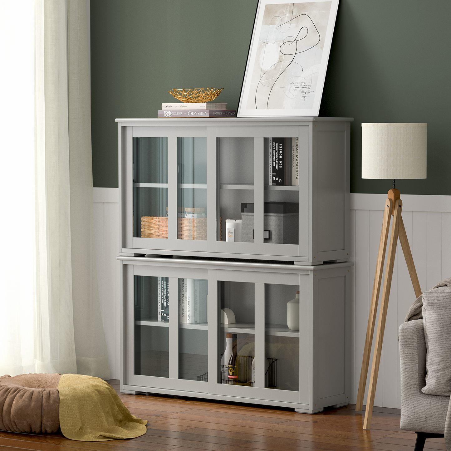 Modern Sliding Door Buffet Sideboard with Glass Cabinet Storage and Shelves - Grey