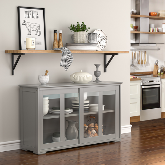Modern Sliding Door Buffet Sideboard with Glass Cabinet Storage and Shelves - Grey
