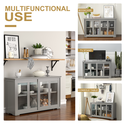 Modern Sliding Door Buffet Sideboard with Glass Cabinet Storage and Shelves - Grey