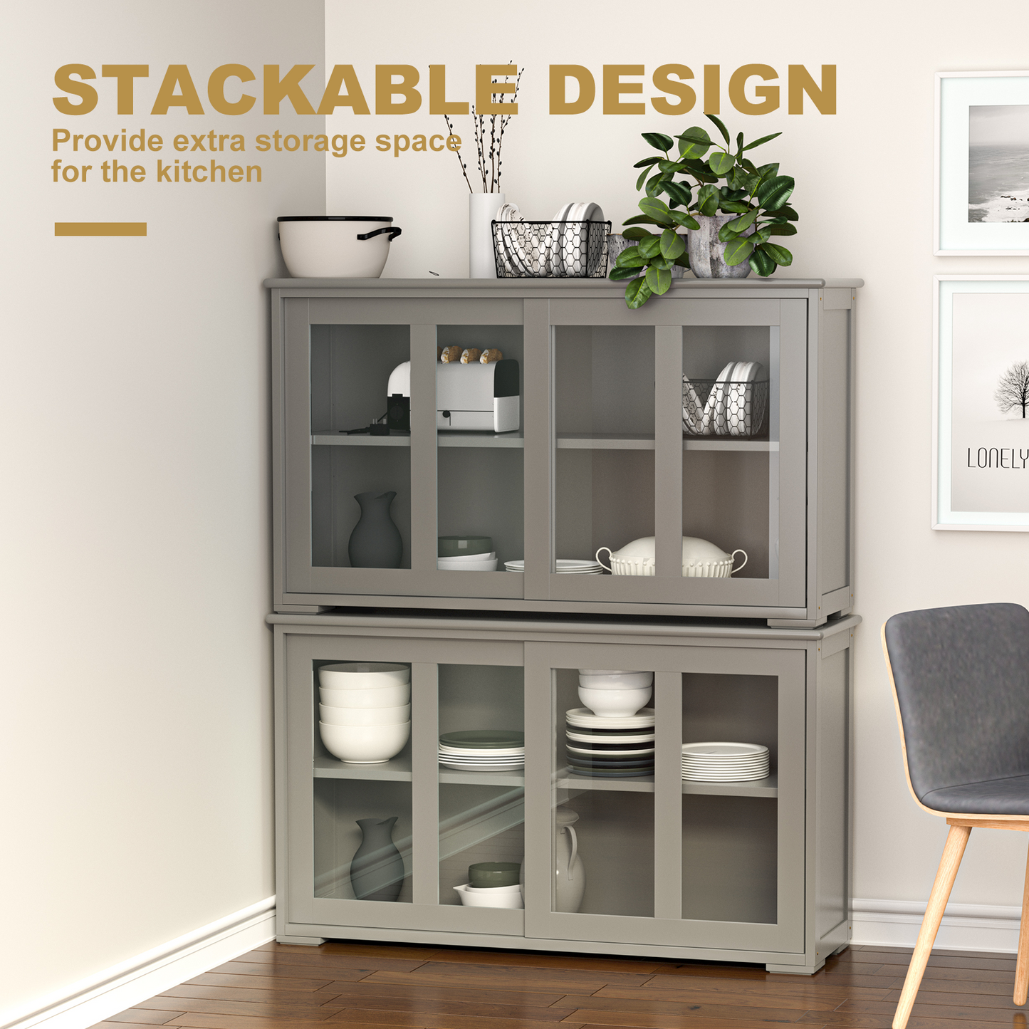 Modern Sliding Door Buffet Sideboard with Glass Cabinet Storage and Shelves - Grey