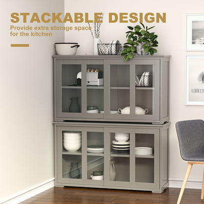 Modern Sliding Door Buffet Sideboard with Glass Cabinet Storage and Shelves - Grey