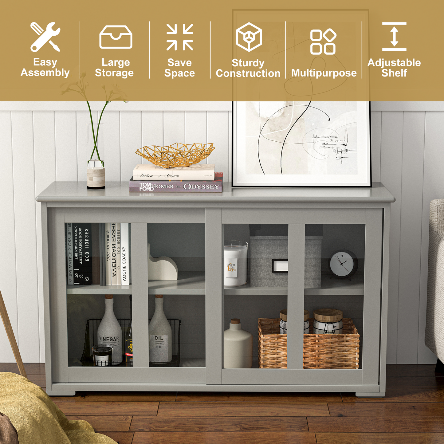 Modern Sliding Door Buffet Sideboard with Glass Cabinet Storage and Shelves - Grey
