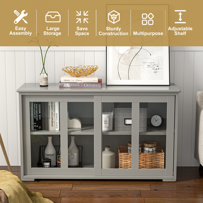 Modern Sliding Door Buffet Sideboard with Glass Cabinet Storage and Shelves - Grey