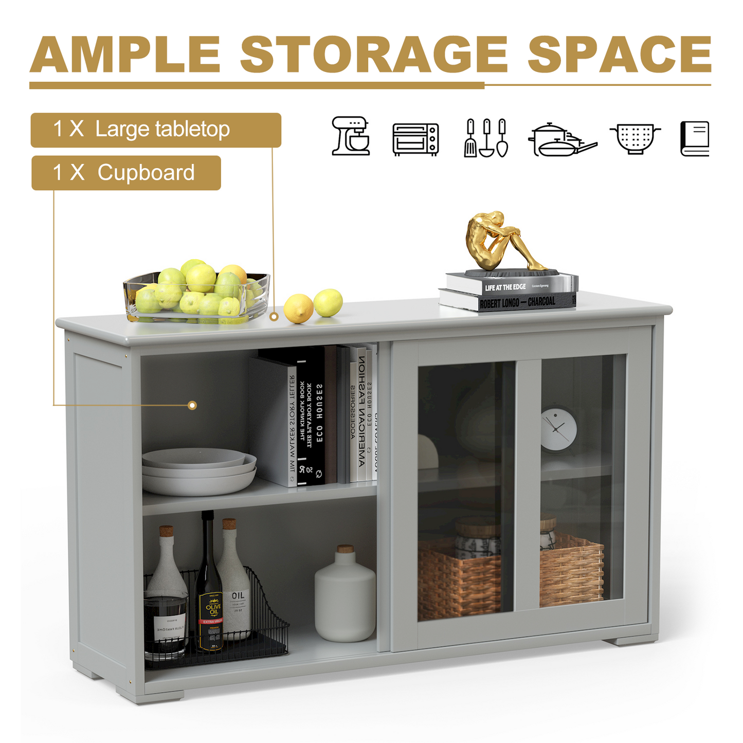 Modern Sliding Door Buffet Sideboard with Glass Cabinet Storage and Shelves - Grey