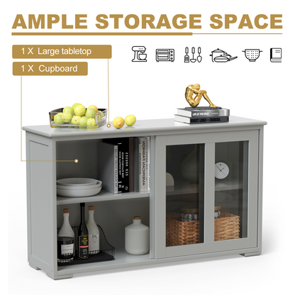 Modern Sliding Door Buffet Sideboard with Glass Cabinet Storage and Shelves - Grey