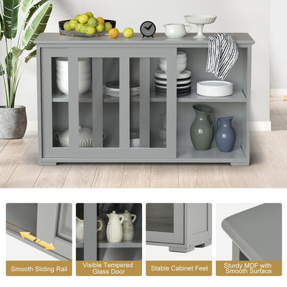 Modern Sliding Door Buffet Sideboard with Glass Cabinet Storage and Shelves - Grey