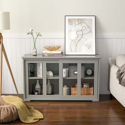 Modern Sliding Door Buffet Sideboard with Glass Cabinet Storage and Shelves - Grey
