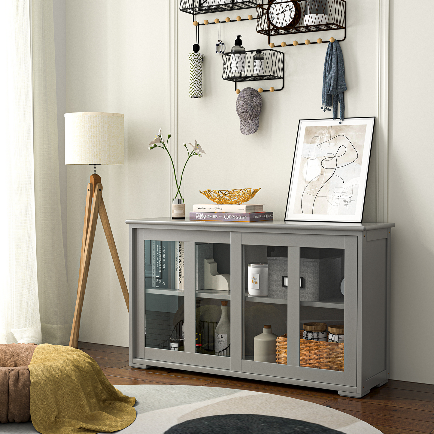 Modern Sliding Door Buffet Sideboard with Glass Cabinet Storage and Shelves - Grey