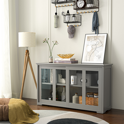 Modern Sliding Door Buffet Sideboard with Glass Cabinet Storage and Shelves - Grey