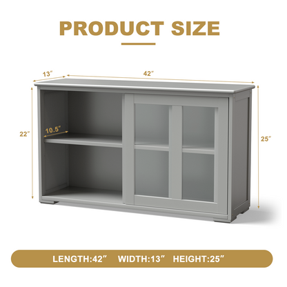 Modern Sliding Door Buffet Sideboard with Glass Cabinet Storage and Shelves - Grey