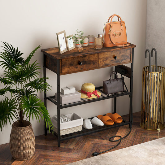 Slim Console Table with Drawers, Mesh Storage Shelves, and Built-in Charging Ports – Rustic Brown