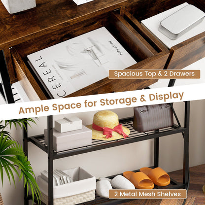 Slim Console Table with Drawers, Mesh Storage Shelves, and Built-in Charging Ports – Rustic Brown
