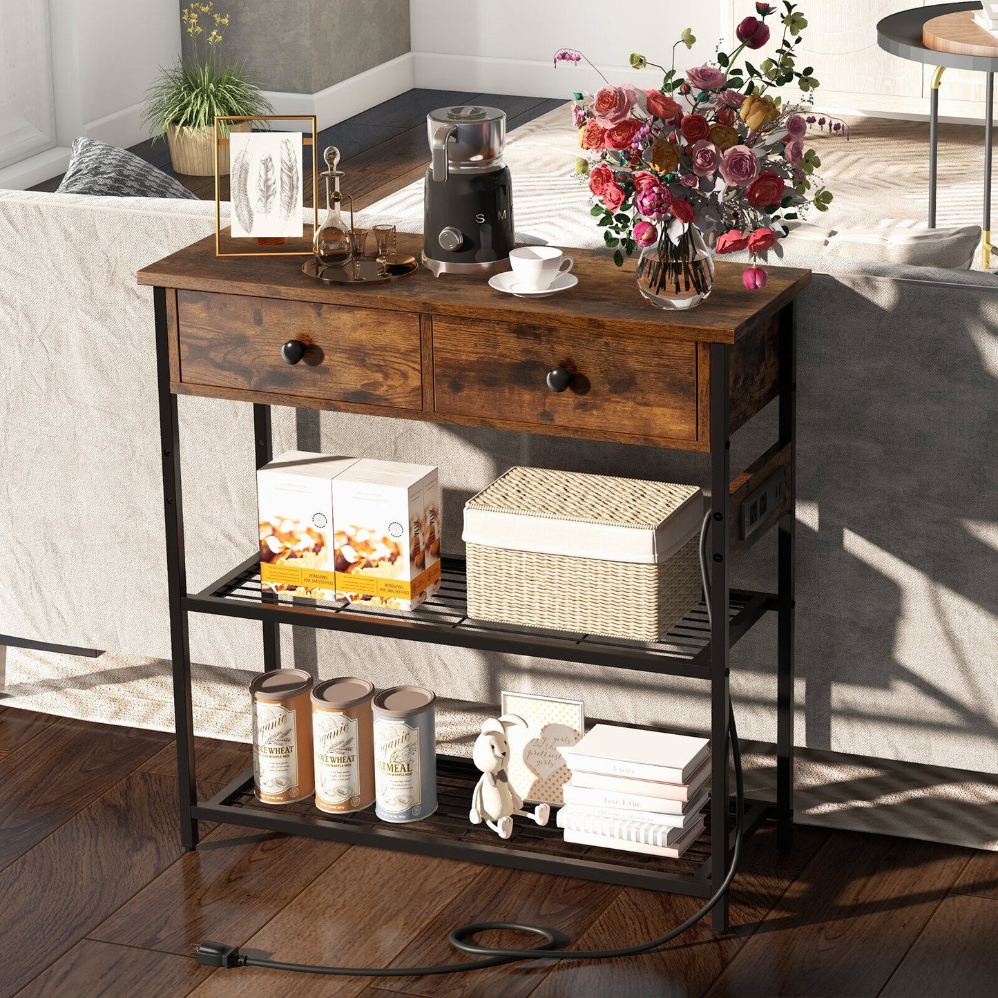 Slim Console Table with Drawers, Mesh Storage Shelves, and Built-in Charging Ports – Rustic Brown