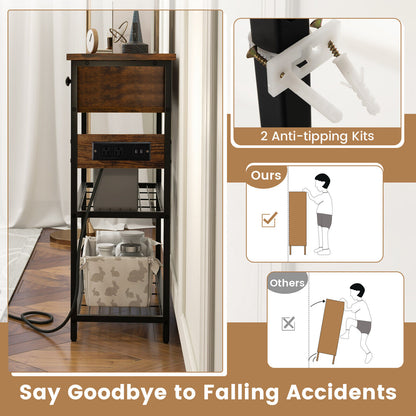 Slim Console Table with Drawers, Mesh Storage Shelves, and Built-in Charging Ports – Rustic Brown
