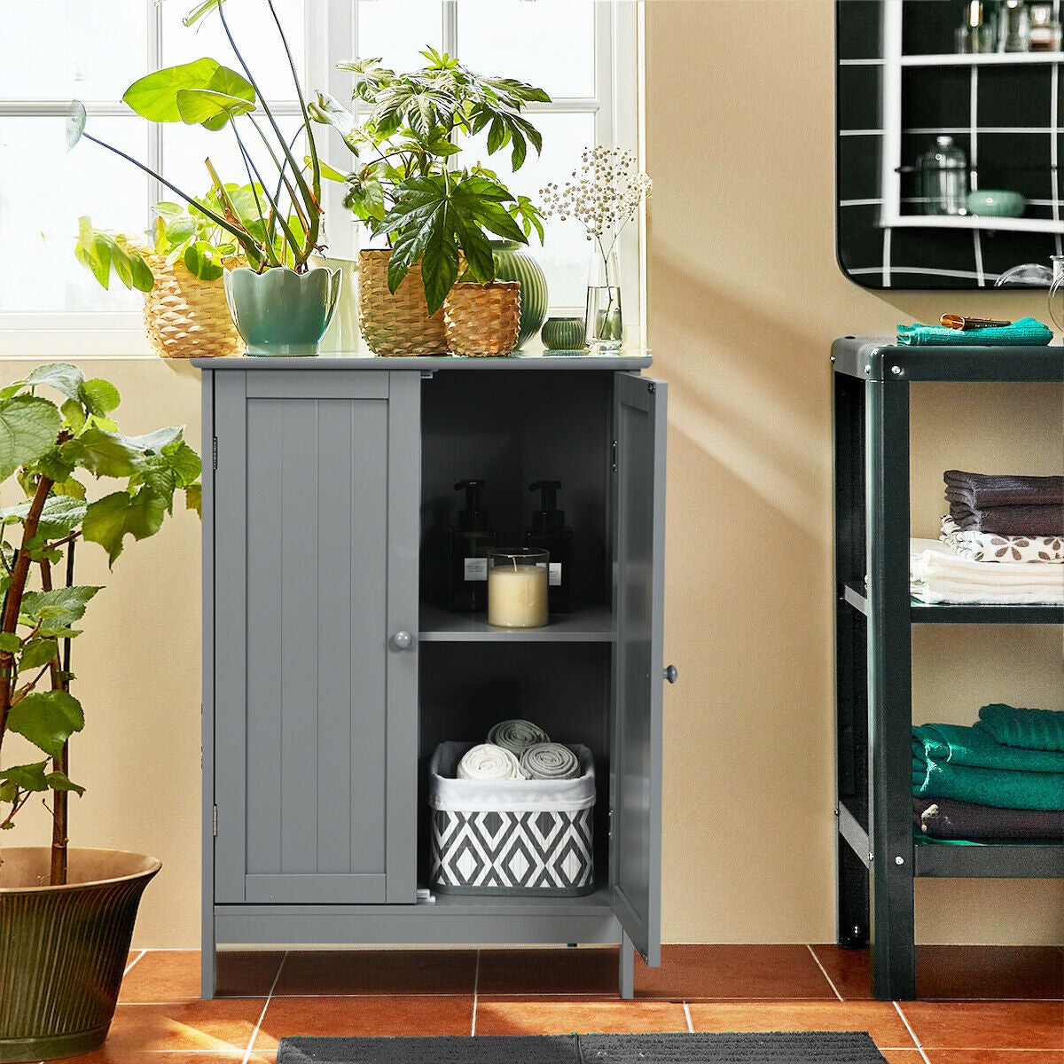 Modern Bathroom Floor Storage Cabinet with Double Doors & Adjustable Shelves