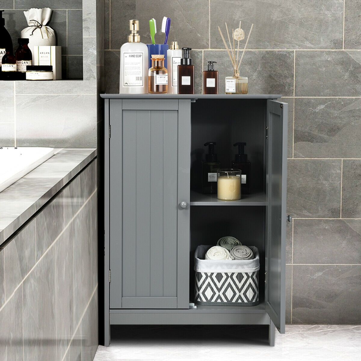 Modern Bathroom Floor Storage Cabinet with Double Doors & Adjustable Shelves