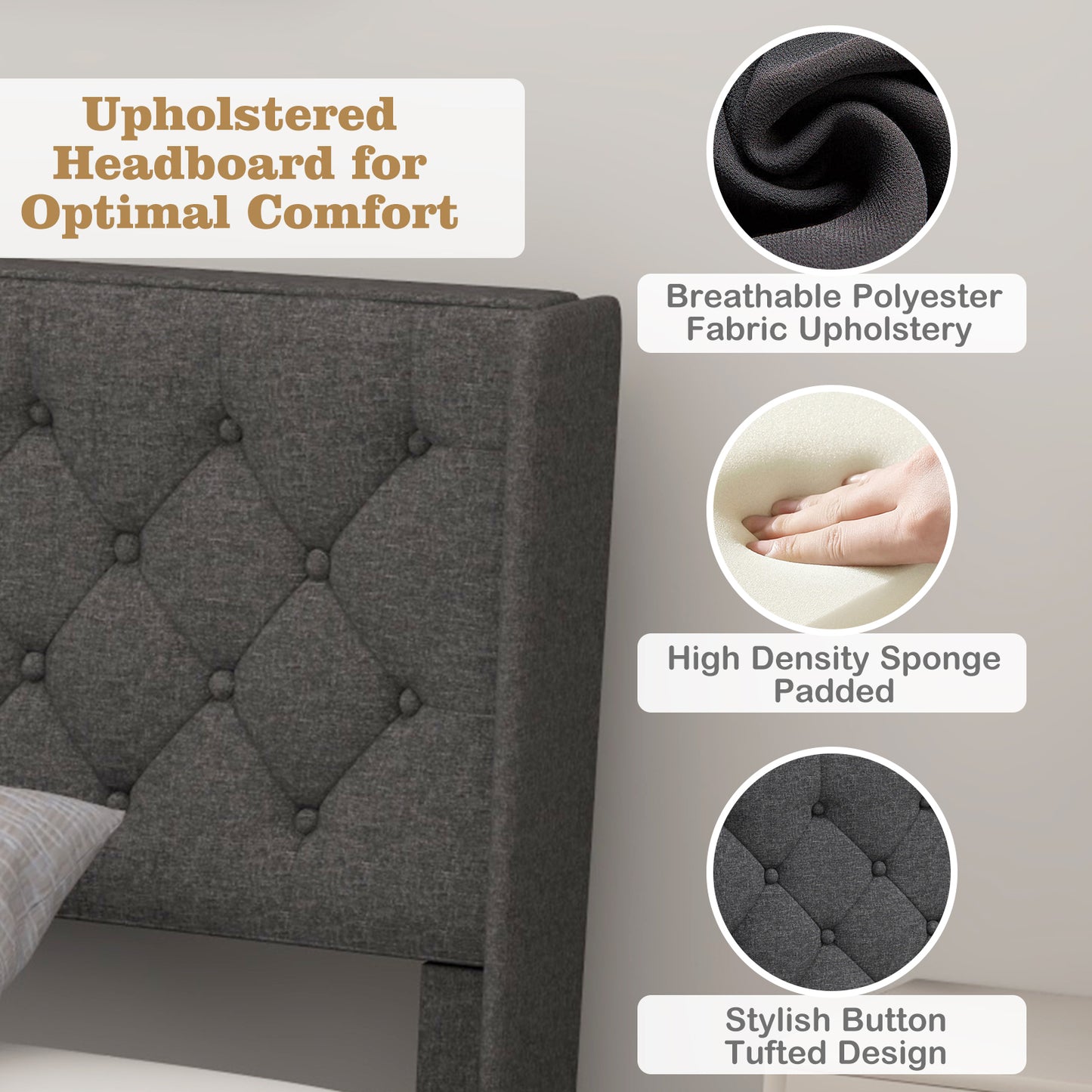 Upholstered Platform Bed with Button Tufted Headboard – Available in Twin, Full, and Queen Sizes