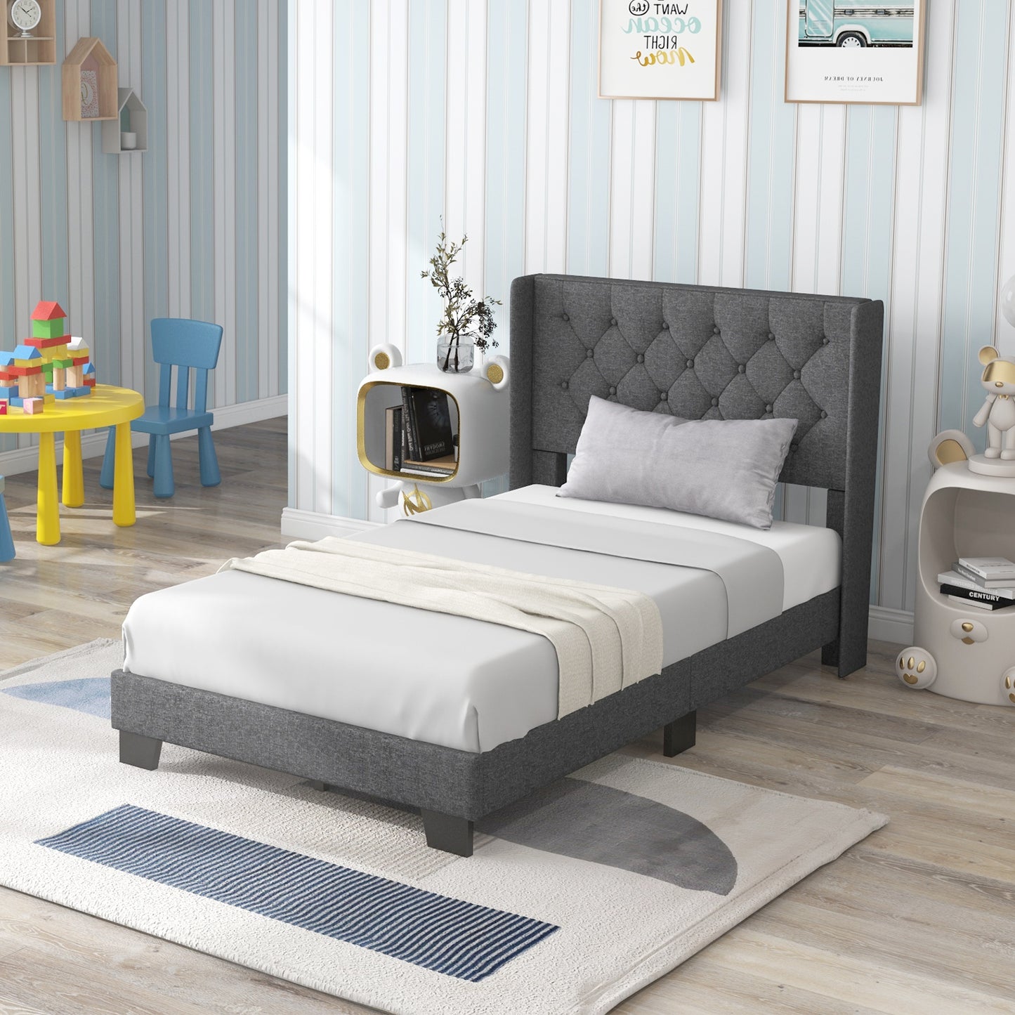Upholstered Platform Bed with Button Tufted Headboard – Available in Twin, Full, and Queen Sizes