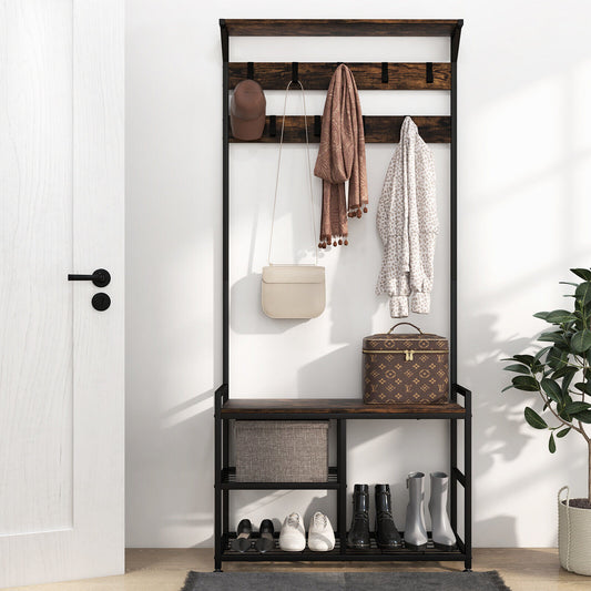 3 in 1 Industrial Entryway Coat Rack with Shoe Bench and 9 Hooks for Hallway or Mudroom