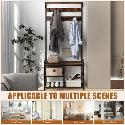 3 in 1 Industrial Entryway Coat Rack with Shoe Bench and 9 Hooks for Hallway or Mudroom