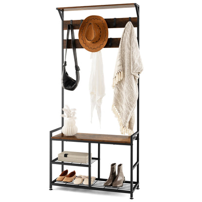 3 in 1 Industrial Entryway Coat Rack with Shoe Bench and 9 Hooks for Hallway or Mudroom