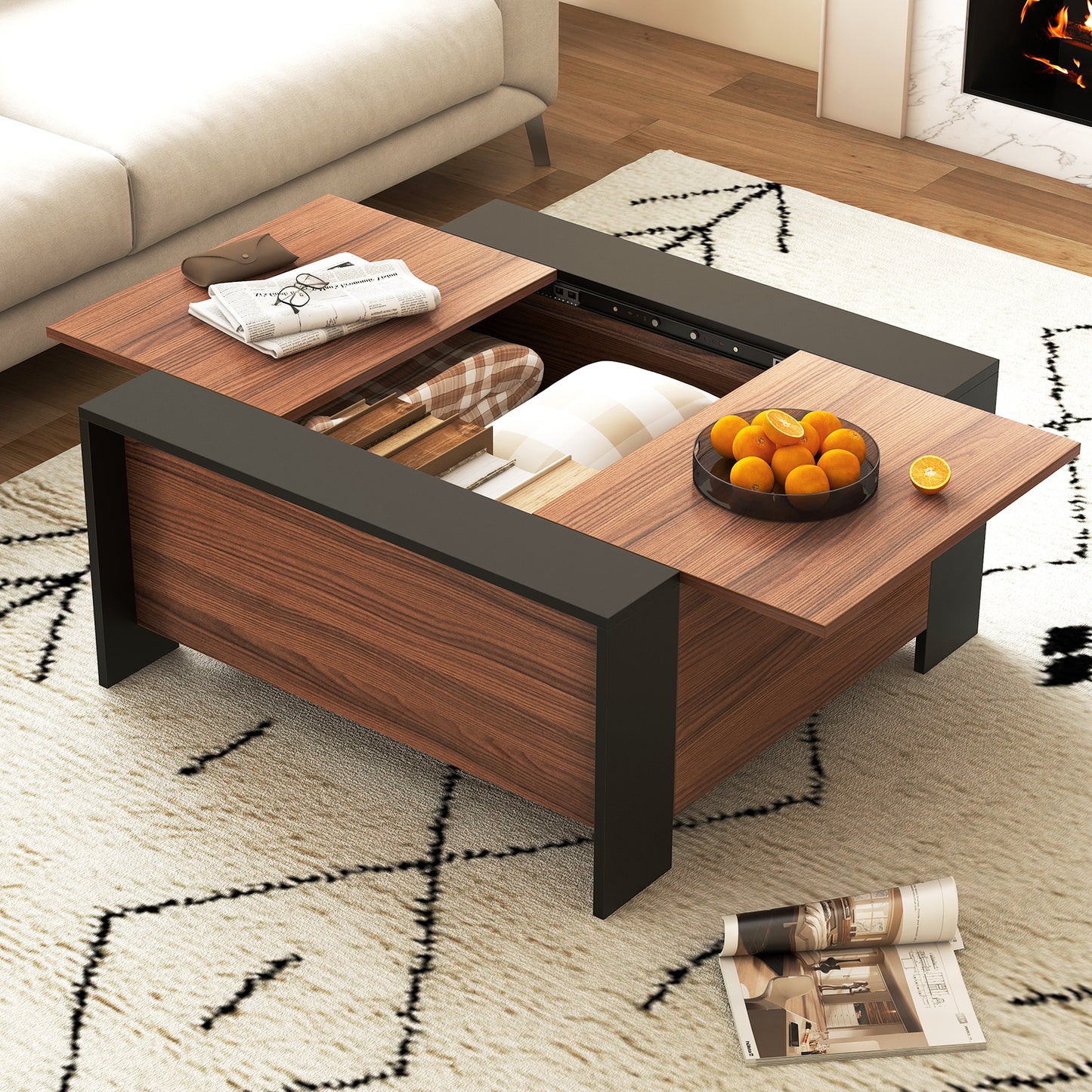 Modern Square Coffee Table with Sliding Top and Hidden Storage Compartment in Walnut