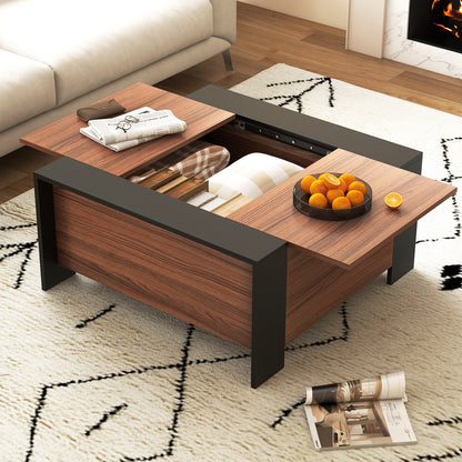 Modern Square Coffee Table with Sliding Top and Hidden Storage Compartment in Walnut
