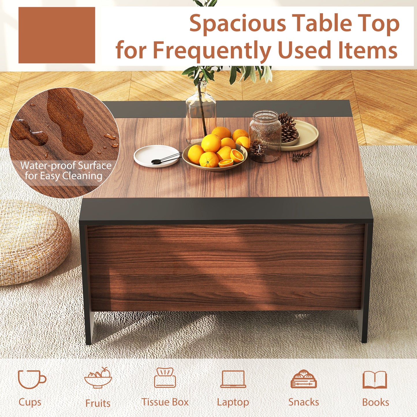 Modern Square Coffee Table with Sliding Top and Hidden Storage Compartment in Walnut