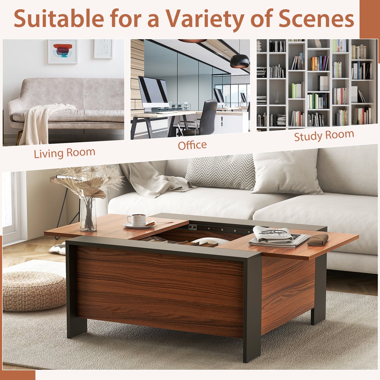 Modern Square Coffee Table with Sliding Top and Hidden Storage Compartment in Walnut