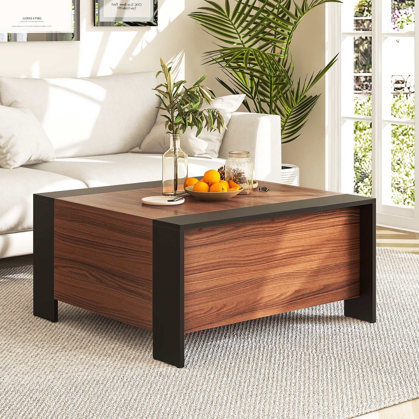 Modern Square Coffee Table with Sliding Top and Hidden Storage Compartment in Walnut