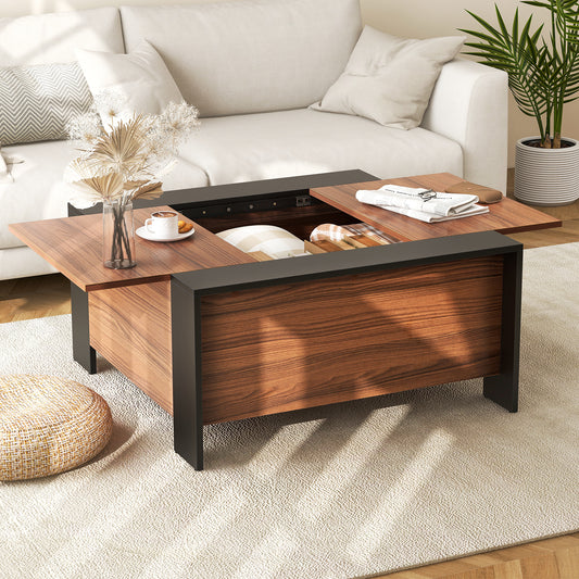 Modern Square Coffee Table with Sliding Top and Hidden Storage Compartment in Walnut