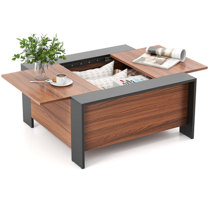 Modern Square Coffee Table with Sliding Top and Hidden Storage Compartment in Walnut