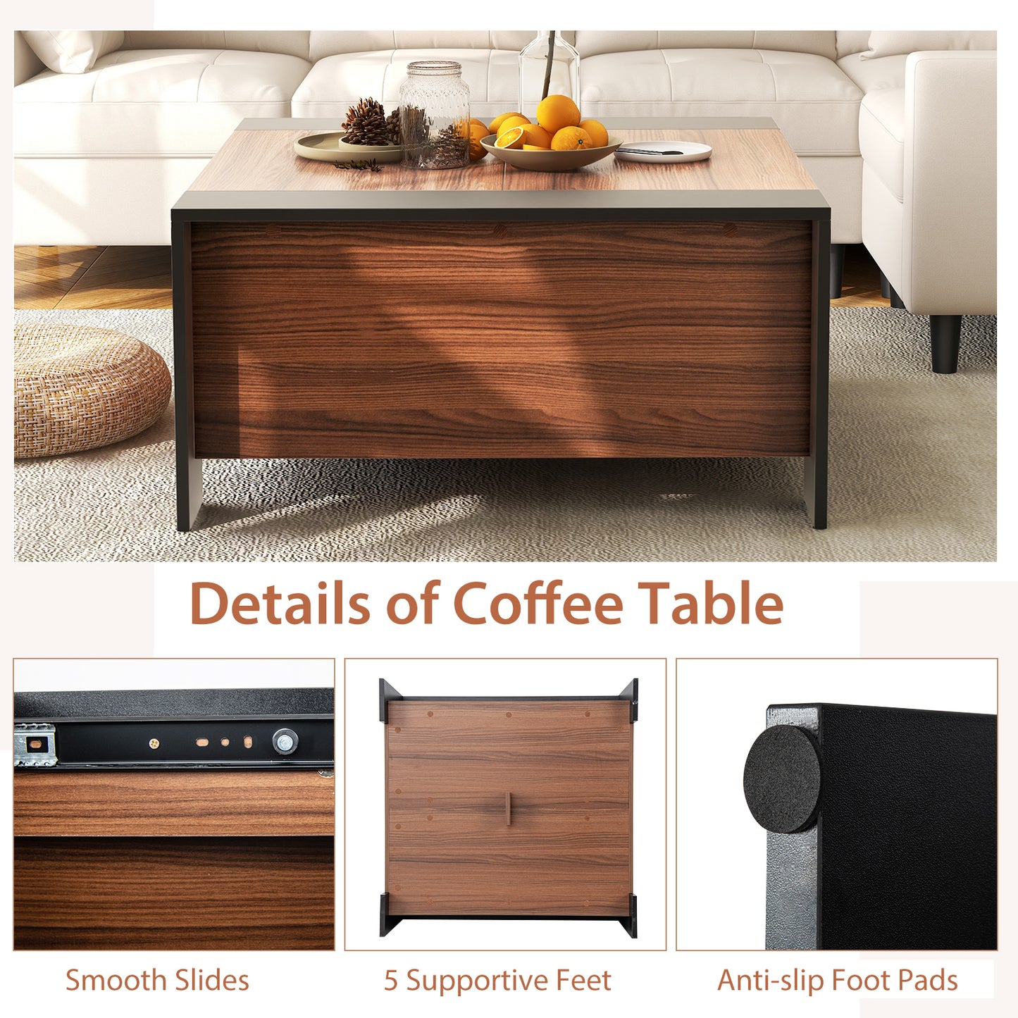 Modern Square Coffee Table with Sliding Top and Hidden Storage Compartment in Walnut